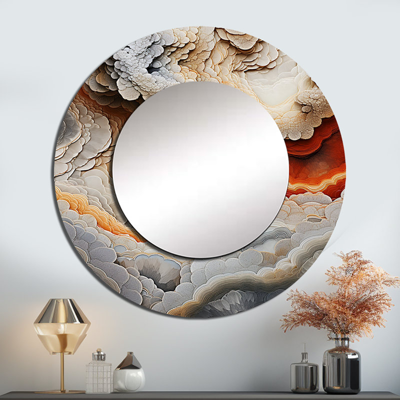 Rithanya beige et pêche pierre Geode Simplicity I - miroir mural décoratif en pierre Geode, miroir rond traditionnel, impression sur métal