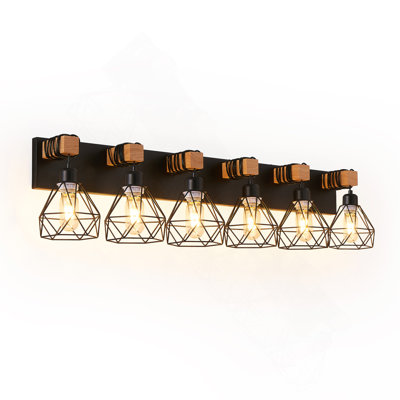 Luminaire de meuble-lavabo géométrique moderne à 38 lumières de 38 po avec métal noir, accents en bois et abat-jour cage pour la salle de bain, la chambre à coucher ou le salon (ampoule non incluse)