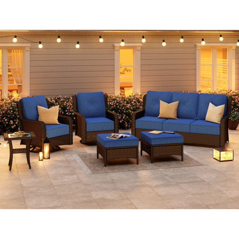 6 Pieces Outdoor Wicker Swivel Chair Set With Cushions, Coffee Table, Ottomans, Blue