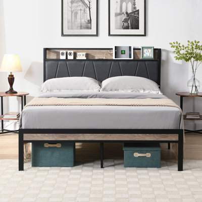 Queen Size Metal Bed Frame With Upholstery And Liner - Headboard, , Large Under Space, No Box Spring, Easy To Assemble Modern Platform Upholstered Headboard Storage, Quiet Operation, Build, Assemble,