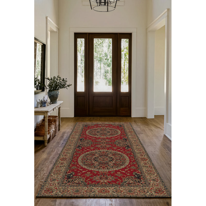 Guria Red/Brown Oriental Machine Printed Cotton Chenille Area Rug, Runner 6'7" x 16'5"