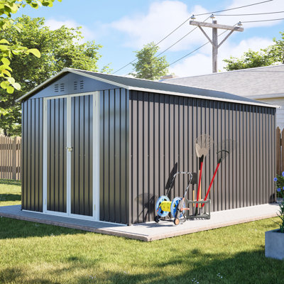 Rangement extérieur verrouillable en métal de 8 pi x 12 pi en gris, cadre en aluminium, amplement d'espace pour l'équipement de jardin, portes doubles, entrée simple et lisse grise sécurisée avec des vélos, des outils, entrée double pratique,