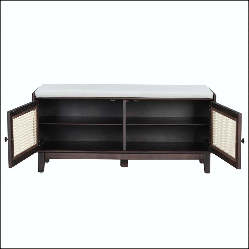 Banc de hall d'entrée en rotin avec coussin et rangement réglable Boho, Beige,Espresso, Espresso