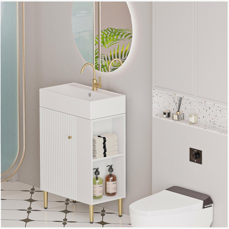 Le meuble-lavabo de salle de bain à tablette ouverte, avec auge en céramique et porte à fermeture douce, avec une armoire de rangement à tablette ouverte à droite, nécessite un assemblage