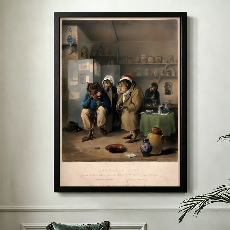 Des singes modernes et abstraits dans un cabinet de dentiste, l'un d'entre eux souffrant de maux de dents, de style Lithographie victorienne. Art mural 24 "x 36" avec cadre en bois noir
