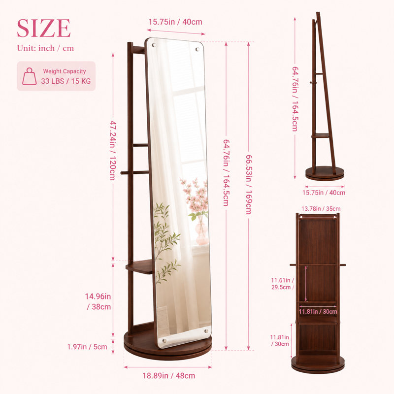 360° Swivel Full Length Mirror With Solid Rubber Wood Base And Storage Hooks