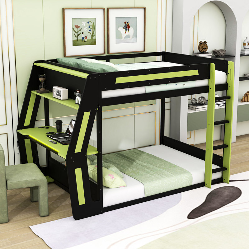 Full Over Full Bunk Bed With Oversized RGB Desk, Charging Station, Shelves And LED Lighting, Green