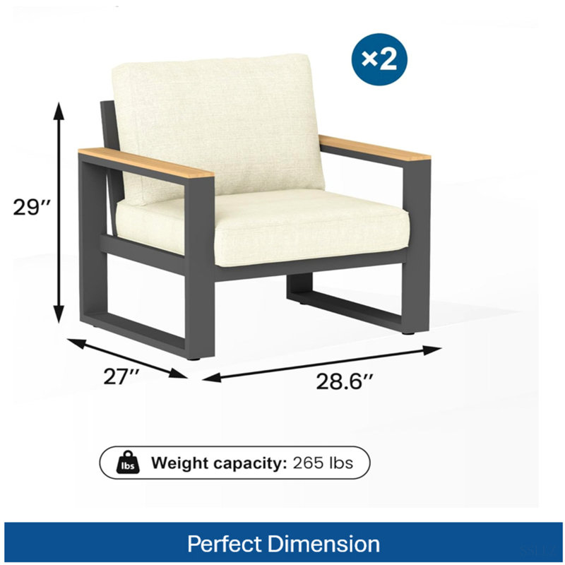 Set Of 2 26.6" All-Weather Aluminum Patio Armchairs With Thick Cushions, Beige