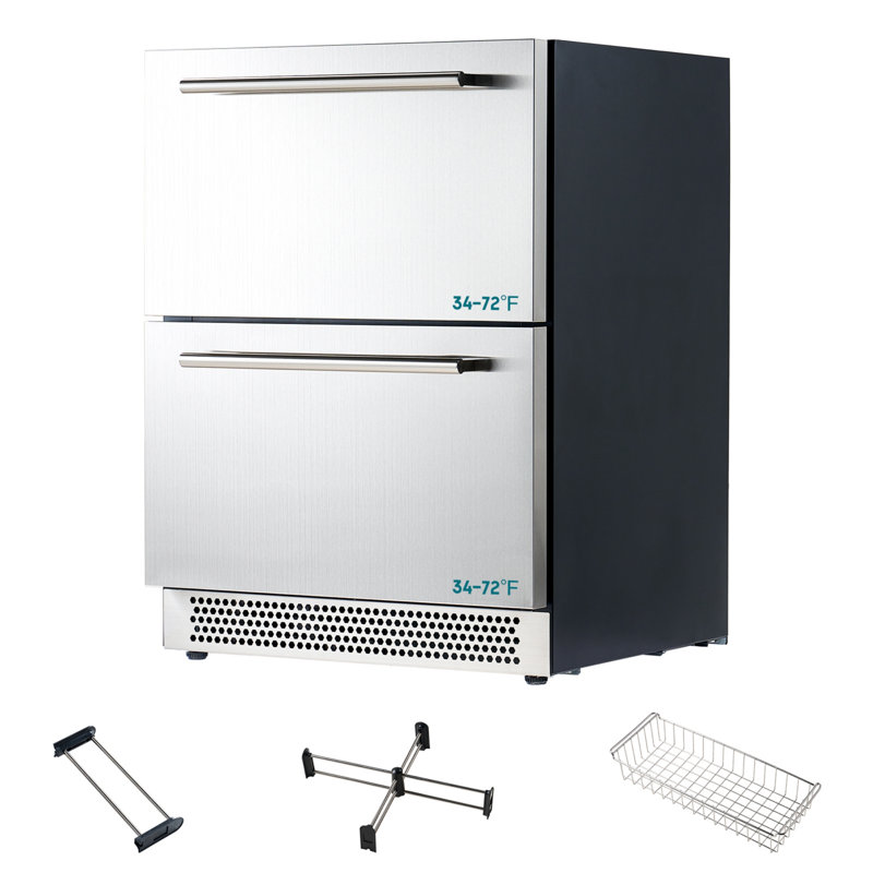 24 Inch Under Counter Drawer Fridge – Stainless Steel Beverage Refrigerator with Dual Drawers, LED Touch Control, Adjustable Storage, Frost-Free, Low Noise, 34-72℉, for Indoor or Outdoor Use