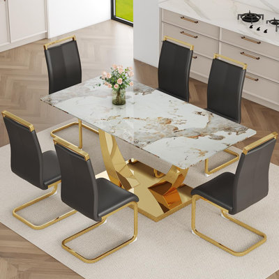 Ensemble de table de salle à manger moderne 71 po, plateau en verre trempé avec base en métal doré, chaises en cuir PU, ensemble de salle à manger de luxe