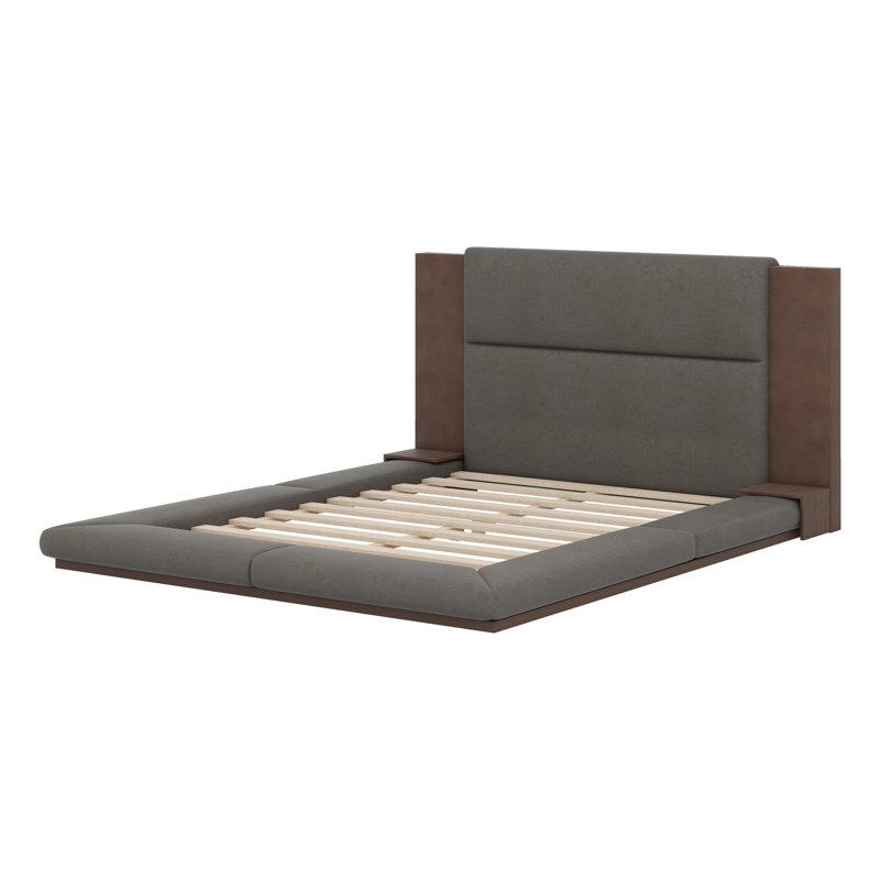 Floor Upholstered Platform Bed With Extended Wood Headboard & Bedside Shelf