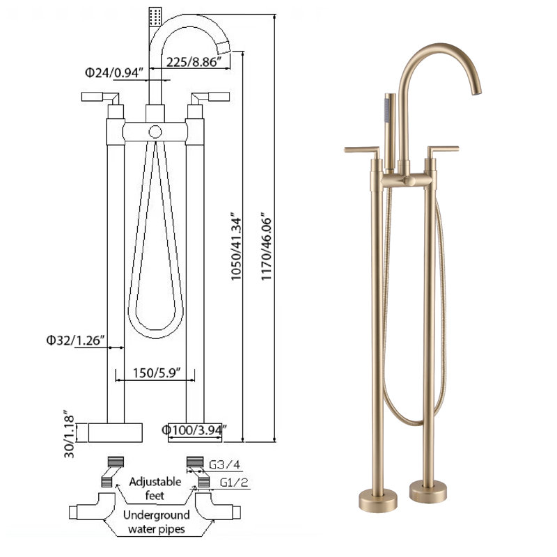 2 Handle Floor Clawfoot Tub Faucet, Brushed Gold