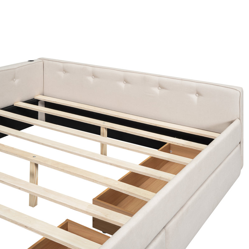 Grand lit plateforme tapissier avec port USB et 2 tiroirs, beige, Grand lit