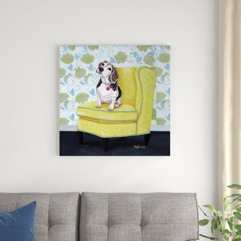 Beagle sur fond jaune, H 30 po x l 30 po, Non, Toile tendue
