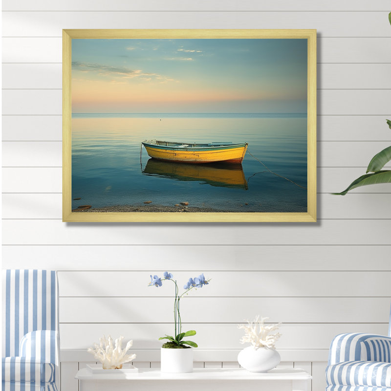 Bleu et jaune, bateau, paysage, bateau, toile, art mural, Cadre photo doré, H 30 po x l 40 po x P 1,5 po