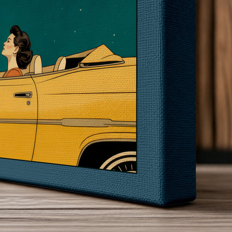 Saturn and the Yellow Convertible Retro - Wrapped Canvas, 36x24 - 91.4 x 61.0 cm, Teal Border