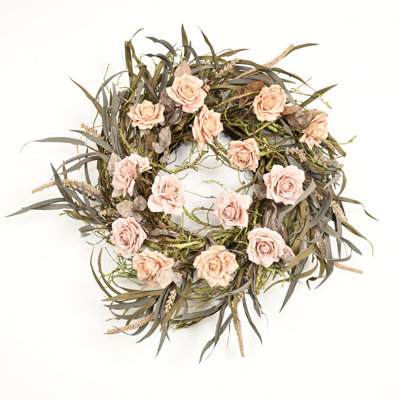 26" Artificial Large Rustic Wild Grass Berry Roses Floral Wreath for Front Door Fall Harvest Thanksgiving Decor
