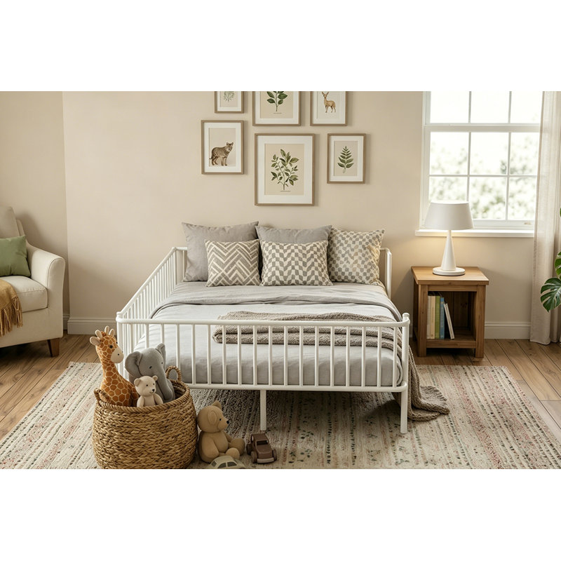 Lit de jour en métal Robuste support de lattes en acier sans sommier tapissier, White, Queen