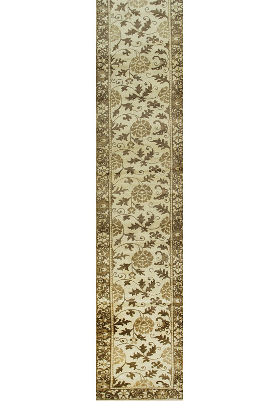 Ivory Hand-Knotted Wool Floral Scrollwork Geometric Modern Contemporary Carpet Rug, 3' x 22'