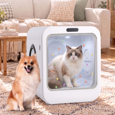 Boîte de séchage automatique pour animaux 70L, boîte de toilettage pour chats et petits chiens, boîte de séchage pour chat calme de 40 W à 1200 W, sèche-cheveux à circulation d'air à 360 °, contrôle intelligent de la température, soins des cheveux à ion négatif, commande vocale
