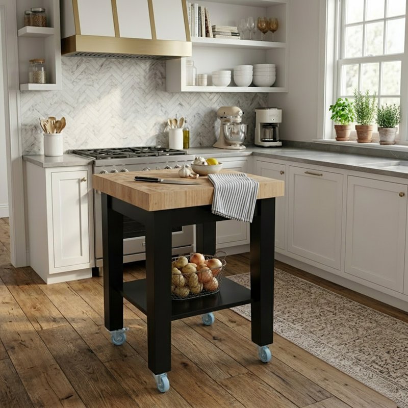 Cuthbert Kitchen Cart with Butcher Block Top, Black