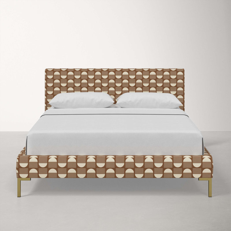 Lit plateforme tapissier Bilkis, Simple, Rayures grises Shibori, Chameau lever de soleil