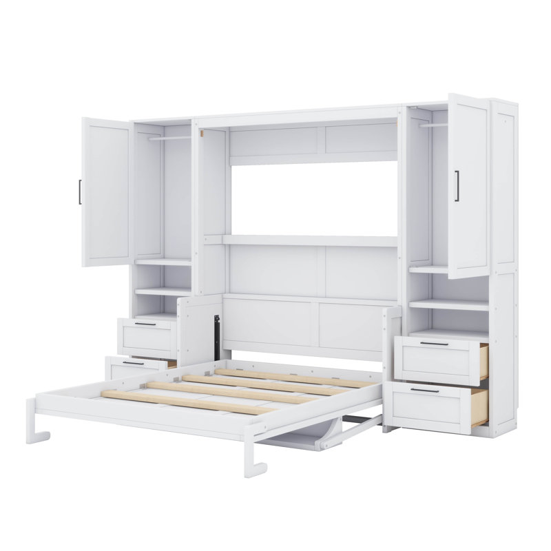 Lit escamotable peu encombrant avec armoire latérale, tablette de rangement, garde-robe et tiroirs, Blanc