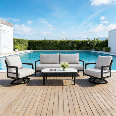 4PC Outdoor Conversation Set With Fully Weld 360° Swivel Club Chairs, Luxurious Bench Seat Sofa, Marble-Inspired Sintered Stone Coffee Table, Ember Black Rust-Free Aluminum Frame & Sunbrella Cushions