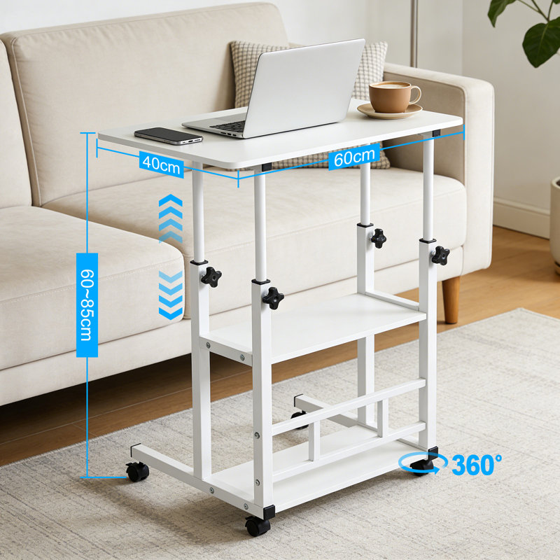Mobile Rolling Computer Desk, Adjustable Height Desk with Storage Shelf