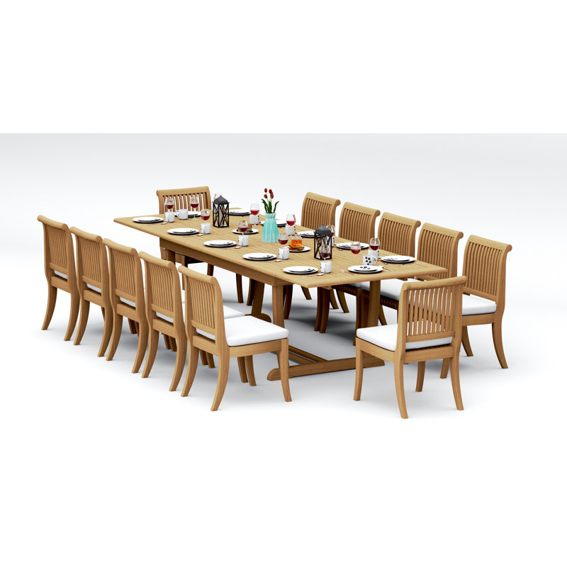 113 Pcs Grade-A Teak Wood Dining Set: 118" Double Extension Mas Rectangle Trestle Leg Table And 12 Giva Armless Chairs #11GV2500