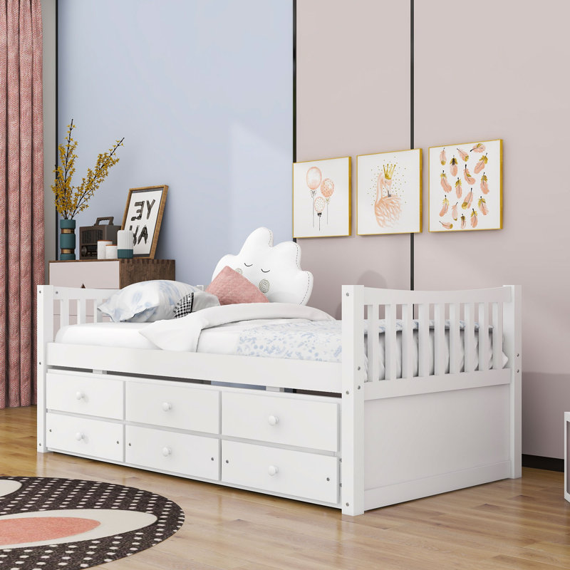 Twin Size 3 Drawers Platform Bed with Trundle, White