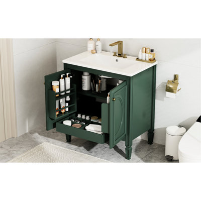 Meuble-lavabo de 76 cm avec lavabo, style vintage, poignées de porte, grande armoire de rangement et étagère réglables, finitions en céramique, nombreuses charnières, deux portes et