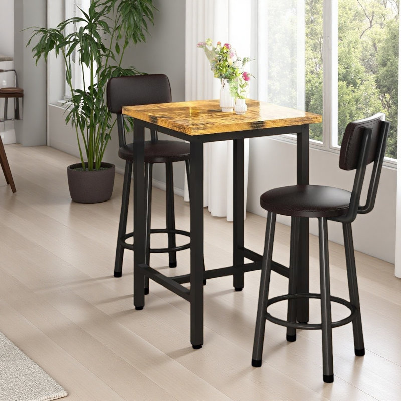 Industrial High Top Dining Set, Compact 3-Piece Pub Table With 2 Comfortable Stools, Marble & Rustic Wood Options For Studio & Cafe