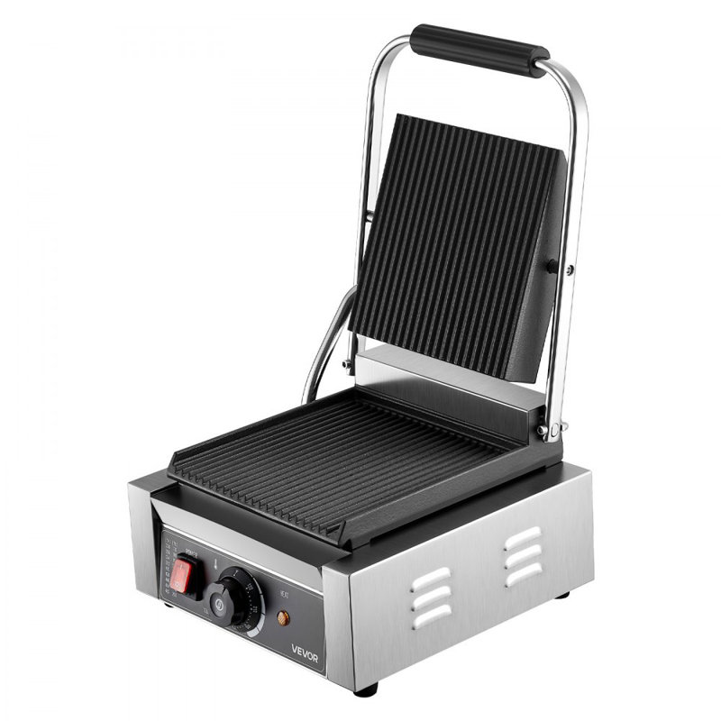 Commercial Panini Grill, 1800W Electric Sandwich Panini Maker, Stainless Steel Sandwichs Press Grill with Handle and Temp Control, 8.8x9 in Full Grooved Enamel Plate for Hamburger Steak Bacon