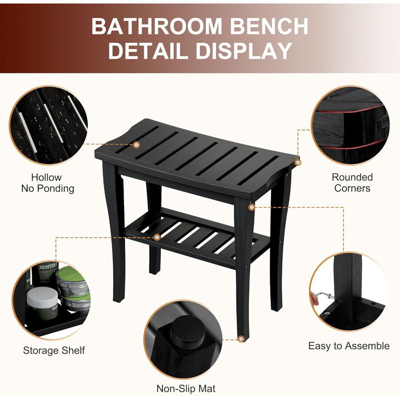 Black Bamboo Shower Bench With Storage Shelf
