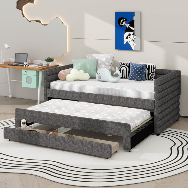 Twin-Sized Upholstered Daybed Including Trundle Bed And 3 In-Built Storage Drawers, Gray