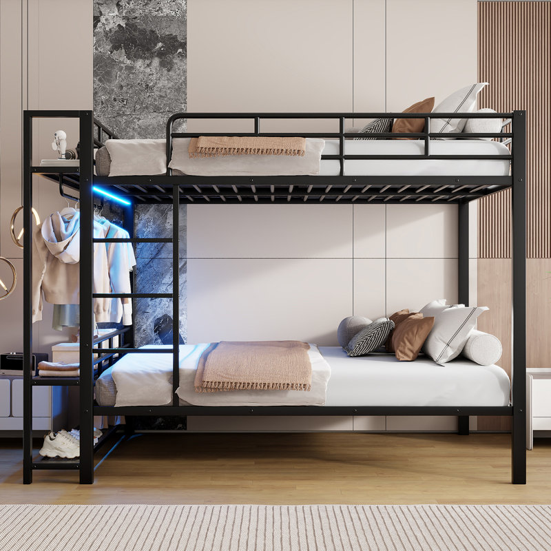 Bunk Bed With Clothes Tree And LED Lights, Black, Full Over Full
