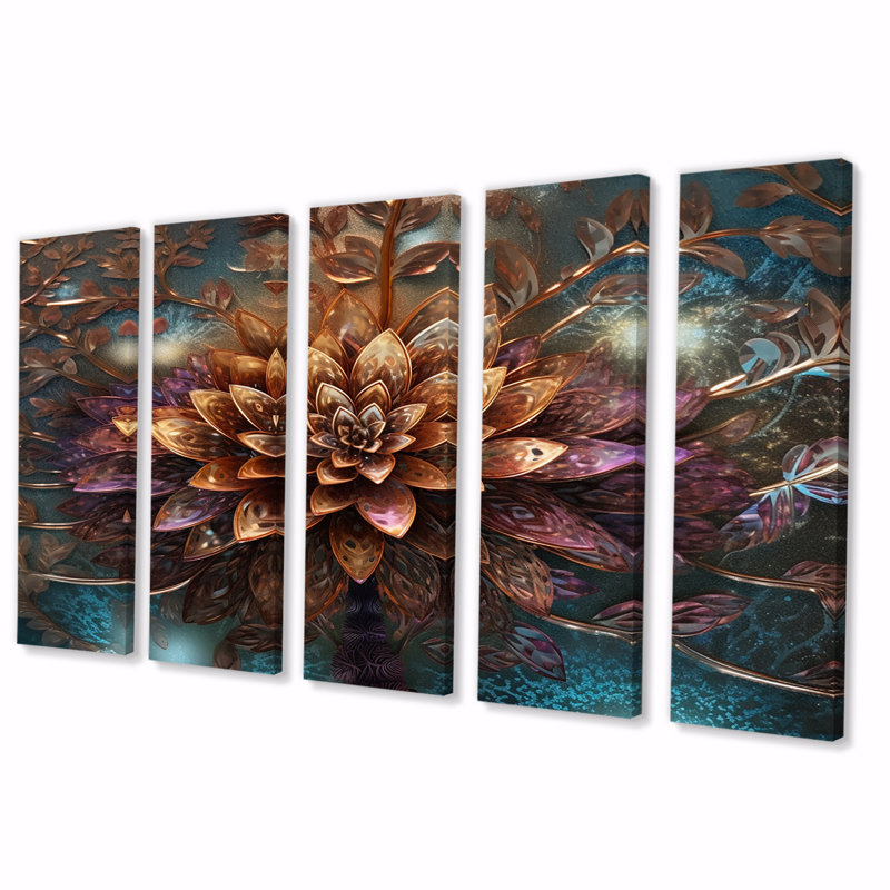 «Mysterious Retro Dahlia Flower On I», reproduction d'art sur toile - 5 panneaux égaux