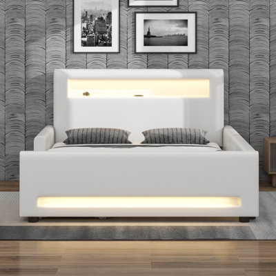 Upholstered Platform Bed With Drawer And Safety Fence, PU Leather Upholstered Bed With LED Light Strip And USB Port