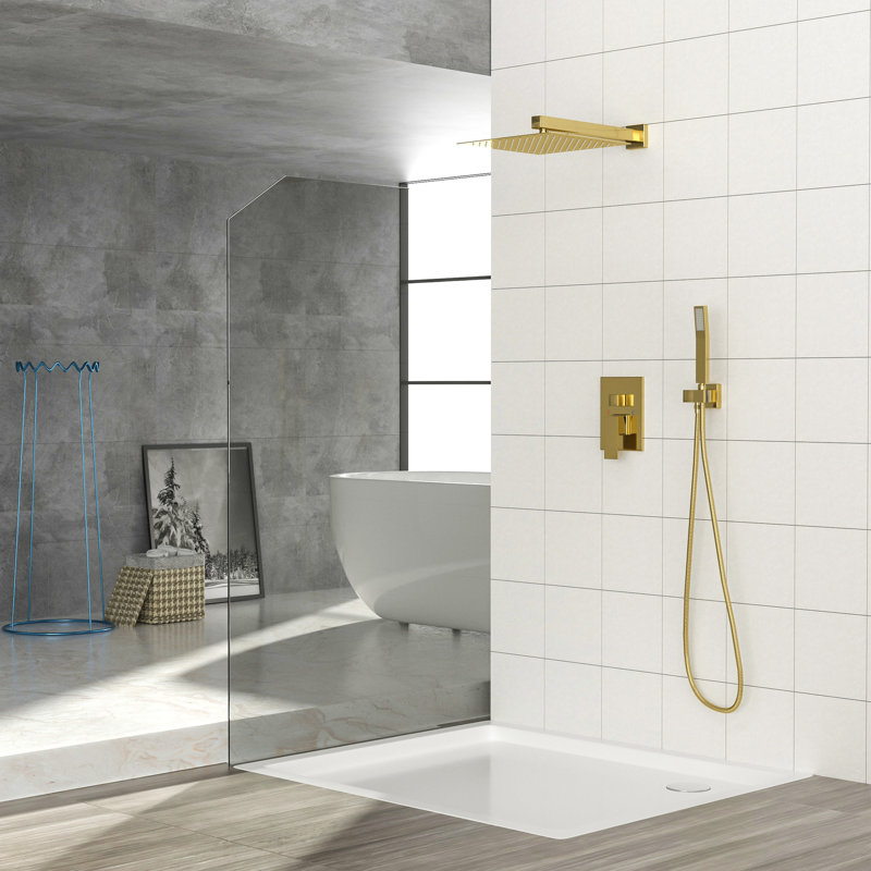 Douche carrée de 10 pouces à deux parois - dorée fixée au mur avec tête de pluie et à main pour une option rafraîchissante