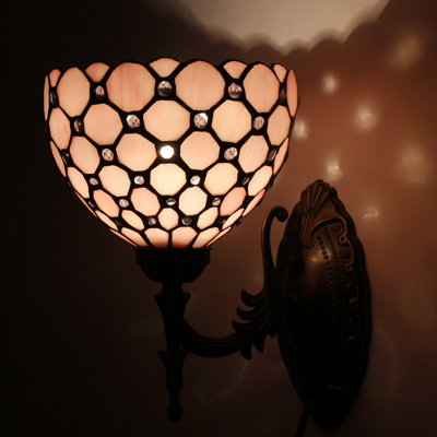Tiffany Wall Sconce Lamp Stained Glass 8X10.5X11 Inch Plug in Wall Bedside Light for Hallway Bedroom (Pink Bead Style)