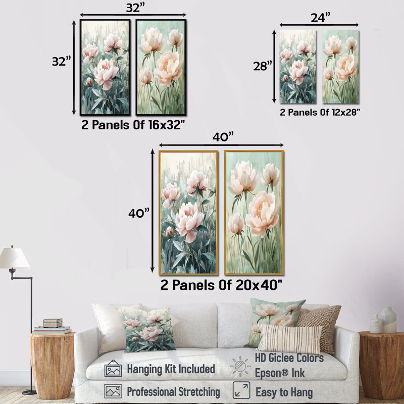 Pivoines de campagne dans le champ pastoral I - décoration murale en toile florale 2 panneaux, H 40 po x l 41 po