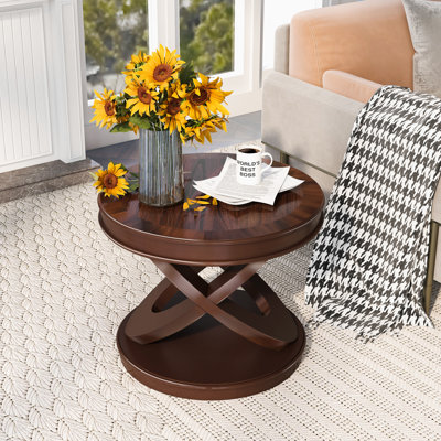 Retro Round Wooden End Table, Sofa Side Table With X-Shape Base For Family Dining Or Living Room