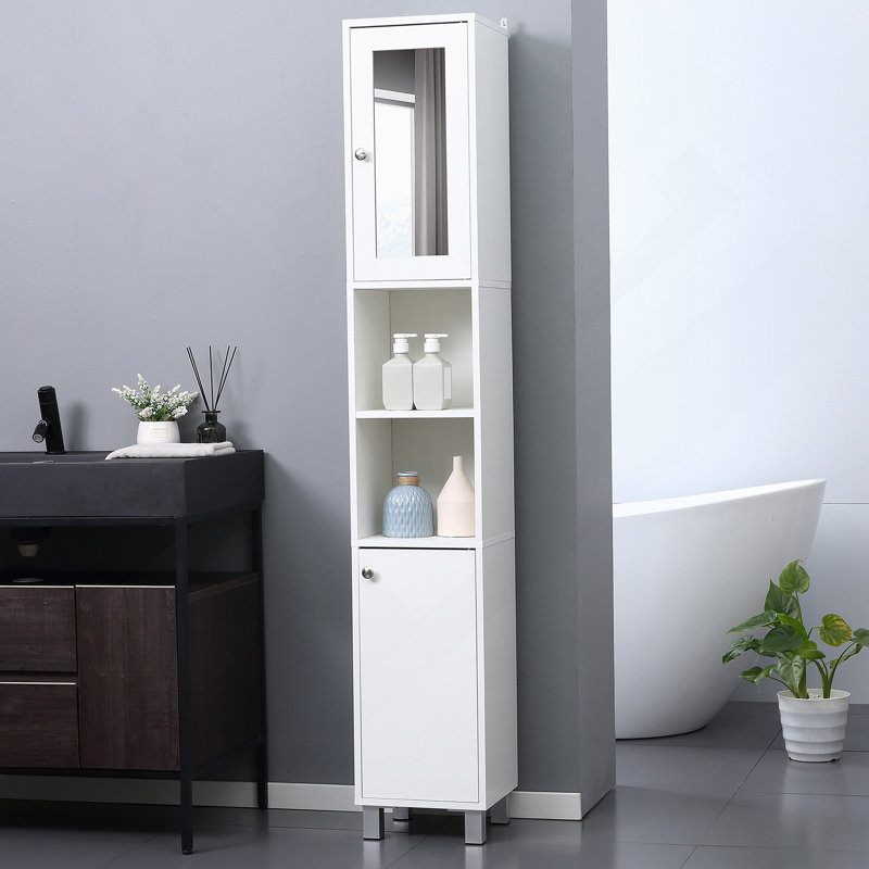 Bathroom Storage Cabinet With Mirror, Wooden Freestanding Tower Cabinet With Adjustable Shelves
