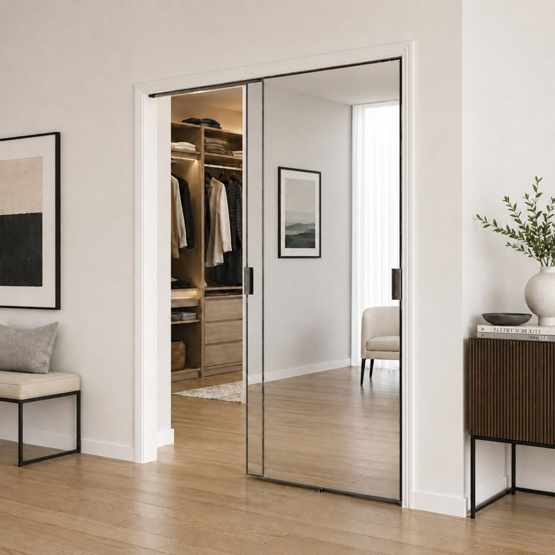 Porte miroir moderne en aluminium pour garde-robe - Panneau de miroir pleine longueur avec poignée et quincaillerie, 60"X80"