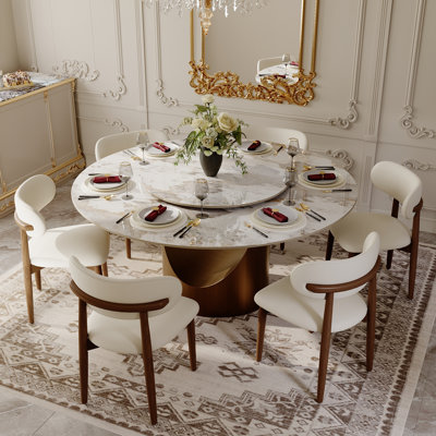 Modern Round Dining Table, Sintered Stone Tabletop With Lazy Susan, Carbon Steel Base Pre-Assembly