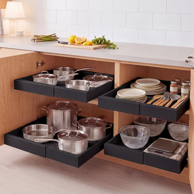 Pull Out Cabinet Organizer, 4 Pack Expandable Width (12.2"-18.9"), 20.47" Deep Pull Out Drawers for Cabinets, Sliding Drawer for Kitchen Pantry Cabinet Organizer with Nano Adhesive Strips, Black