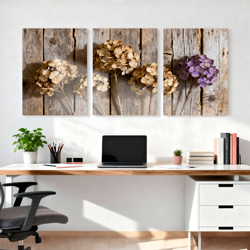 «Hortensia séchée» sur toile de bois rustique, impression sur toile, ensemble floral (ensemble de 3), H 30 po x l 60 po