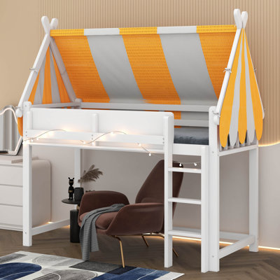 Twin Size House Loft Bed With Canopy, LED Lights & Bookshelves, Wood Loft Bed With Tent & Storage Shelves For Kids Teens