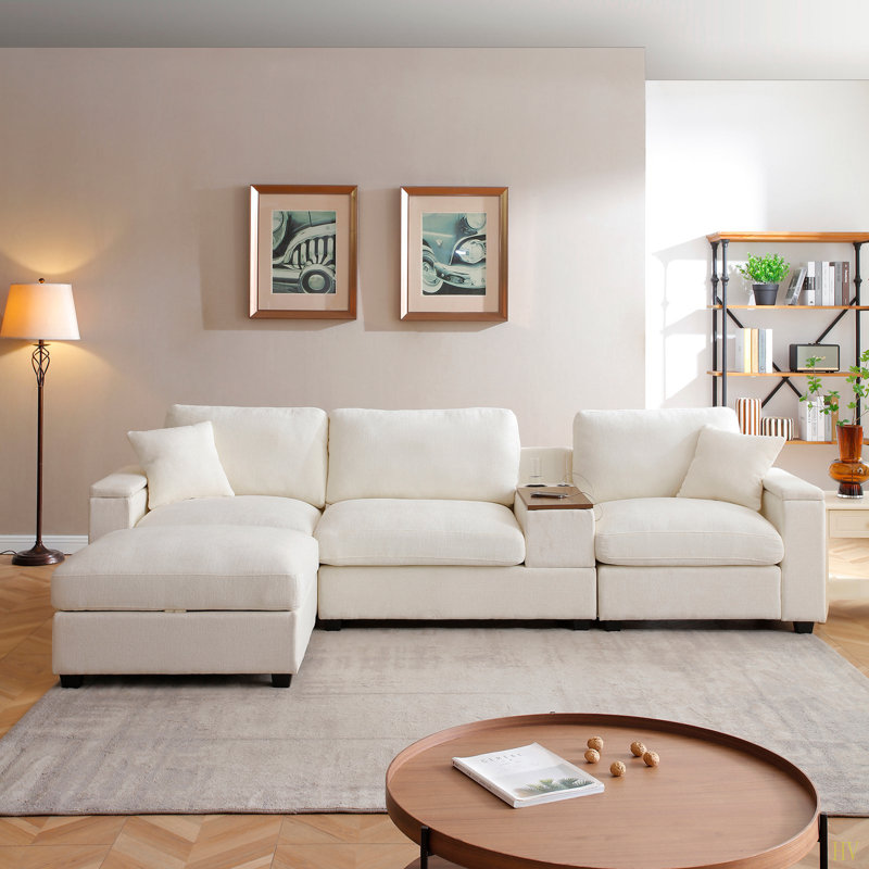 Canapé modulaire de 120,3 po, canapé en L surdimensionné, ensemble de canapé Cloud avec table rabattable, plateau pivotant à 360 degrés, porte-gobelets, chargeur USB, OTTOMAN de rangement et accoudoirs, canapé à siège large pour le salon
